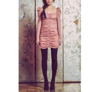 NWT Mestiza New York Long Sheer Sleeve Ruched Pink & Black Dot Dress Size 12